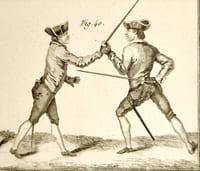 Gravure XVIIIème Escrime. Tirée de l'Encyclopédie méthodique Panckoucke. Planche N°9 : Du désarmement sur le coup de tierce, de quarte ou de seconde et après la parade au dehors des armes. Gravure sur cuivre