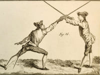 Gravure XVIIIème Escrime. Tirée de l'Encyclopédie méthodique Panckoucke. Planche N°9 : Du désarmement sur le coup de tierce, de quarte ou de seconde et après la parade au dehors des armes. Gravure sur cuivre