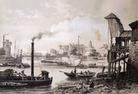 Lithographie originale. Nantes vue de la prairie de Mauves. Le château. Nantes et la Loire-Inférieure