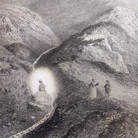 Lithographie originale en couleurs tirée de l'Album du pèlerin à Notre- Dame de la Salette. Apparition de Notre-Dame de la Salette dans le ravin de la Sézia. (planche N°5)
