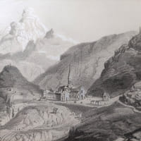 Lithographie originale en couleurs tirée de l'Album du pèlerin à Notre- Dame de la Salette. Vue générale de la montagne de l'apparition (planche N°9)