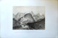 Lithographie originale en couleurs tirée de l'Album du pèlerin à Notre- Dame de la Salette. Vue du lieu même de l'apparition, de l'église du couvent, du Mont Planeau et du Mont Fareau. (planche N°10)