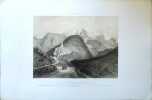 Lithographie originale en couleurs tirée de l'Album du pèlerin à Notre- Dame de la Salette. Vue du lieu même de l'apparition, de l'église du couvent, ...