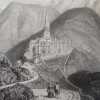 Lithographie originale en couleurs tirée de l'Album du pèlerin à Notre- Dame de la Salette. Vue du lieu même de l'apparition, de l'église du couvent, ...