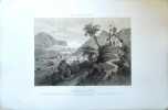 Lithographie originale en couleurs tirée de l'Album du pèlerin à Notre- Dame de la Salette. Vue du bourg de Corps, du couvent de la providence et de ...