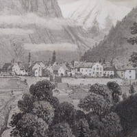 Lithographie originale en couleurs tirée de l'Album du pèlerin à Notre- Dame de la Salette. Vue du bourg de Corps, du couvent de la providence et de l'entrée de la gorge de la Salette. (planche N°1)