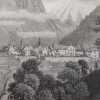 Lithographie originale en couleurs tirée de l'Album du pèlerin à Notre- Dame de la Salette. Vue du bourg de Corps, du couvent de la providence et de ...