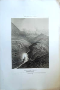 Lithographie originale en couleurs tirée de l'Album du pèlerin à Notre- Dame de la Salette. Notre-Dame de la Salette s'entretenant avec les deux bergers. (planche N°6)