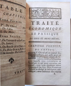 "Traité économique et physique du gros et du menu bétail : contenant la description du cheval, de l'âne, du mulet, du bœuf, de la chèvre, de la brebis et du cochon ; la manière d'élever ces animaux, de les multiplier, de les nourrir, de les traiter dans leurs maladies & d'en tirer profit pour l'économie domestique & champêtre"