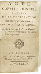 Acte constitutionnel précédé de la déclaration des droits et des devoirs de l'homme et du citoyen, accepté par le Peuple Français le premier vendémiaire An IV de la République. (22 septembre 1795)