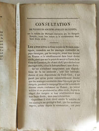 "Consultation de plusieurs anciens avocats de Rennes, sur la validité des mariages contractés par les émigrés français avant leur retour et le rétablissement dans leurs droits civils ; ouvrage qui peut servir de supplément ou d'Appendice à ce que dit le Rédacteur (M. Toullier) sur la mort civile et sur le mariage dans le premier volume de son ouvrage sur le Code civil, dont il parait sept volumes."