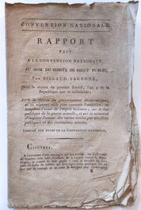 "Rapport fait à la convention nationale au nom du comité de Salut Public dans la séance du premier floréal, l'an 2, Sur la théorie du gouvernement démocratique, et sa vigeur utile pour contenir l'ambition, et tempérer l'essor de l'esprit militaire ; sur le but politique de la guerre actuelle, et sur la nécessité d'inspirer l'amour des vertus civiles par des fêtes publiques et des institutions morales."