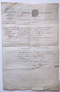 Commission de Chirurgien sous aide. Premier Empire. Document à l'en-tête de l'Empire Français / Ministère de la Guerre / Bureau des Hôpitaux, Signé du Comte Daru ministre d'Etat. 16 et 30 juin 1815 [Cent-jours]