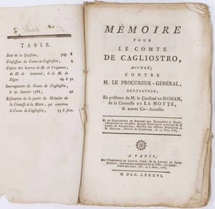 "Affaire du Collier : Mémoire pour le Comte de Cagliostro, accusé ; contre M. Le procureur-général, accusateur, en présence de M. Le Cardianal de Rohan, de la Comtesse de La Motte & autres Co-accusés"