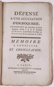 Affaire du Collier : Défense à une accusation d'escroquerie, contenant des anecdotes & faits singuliers relatifs à S. E. le Cardinal de Rohan, à une dame soi-disant de Courville, & aux diamants du collier