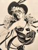 "Dessin original &agrave; l'encre de Chine : Jeune femme d&eacute;nud&eacute;e aux loups noirs dans un encadrement de lignes Art Nouveau en ""coup de fouet"", vers 1900". ...