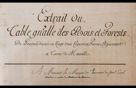 Extrait ou Table générale des bois et forests de Provence divisée en 23 vigueries. Terres adjacentes et terroir de Marseille.. MANUSCRIT - HABERT DE ...