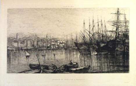 Intérieur du Vieux port à Marseille. Eau-forte de Lucien Gautier.. GRAVURE - MARSEILLE - Intérieur du Vieux port- Gautier