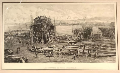 Les chantiers du Pharo à Marseille. Eau-forte de Lucien Gautier.