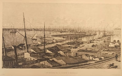 Les bassins de la Joliette à Marseille. Eau-forte de Lucien Gautier.