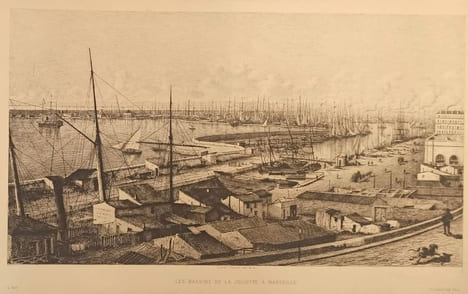 Les bassins de la Joliette à Marseille. Eau-forte de Lucien Gautier.. GRAVURE - MARSEILLE - Les bassins de la Joliette.