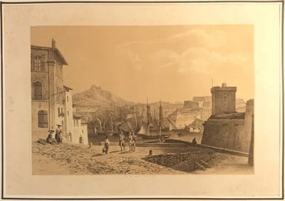 Vue prise du quartier St Laurent sur le port, dessin dee Billmark, lithographie de Lemercier.