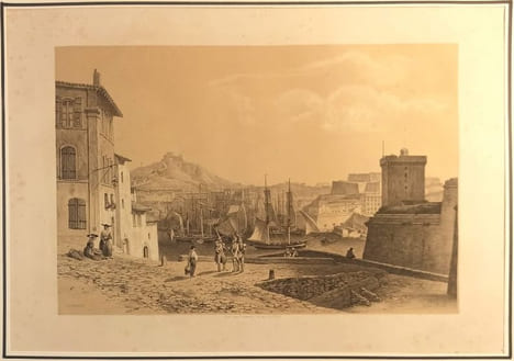 Vue prise du quartier St Laurent sur le port, dessin dee Billmark, lithographie de Lemercier.. GRAVURE - MARSEILLE - Vue du port