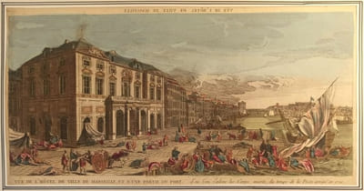 Vue de l'Hôtel de ville de Marseille et d'une partie du port d'où l'on enlève les corps morts, du temps de la peste arrivé en 1720.