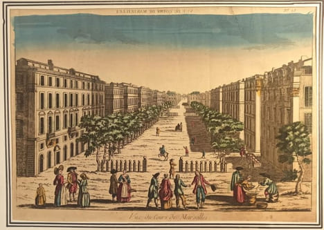 Vue du Cours de Marseille (animé de marchands).. GRAVURE - MARSEILLE - VUE D'OPTIQUE Cours animés de marchands