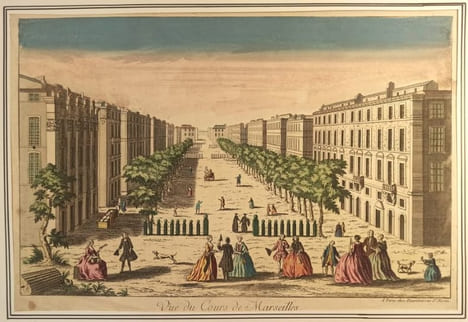 Vue du Cours de Marseille (animé de personnages de qualité).. GRAVURE - MARSEILLE - VUE D'OPTIQUE Cours avec personnages