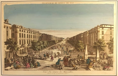 Vue du Cours de Marseille dessiné pendant la peste de 1720.. GRAVURE - MARSEILLE - VUE D'OPTIQUE Cours peste