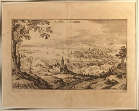 Marseille (vue générale dite "Au gros arbre"), gravure de Mérian.. GRAVURE - MARSEILLE - Vue générale