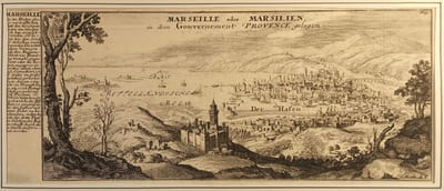 Marseille (vue générale dite "Au gros arbre"), gravure de Merian.