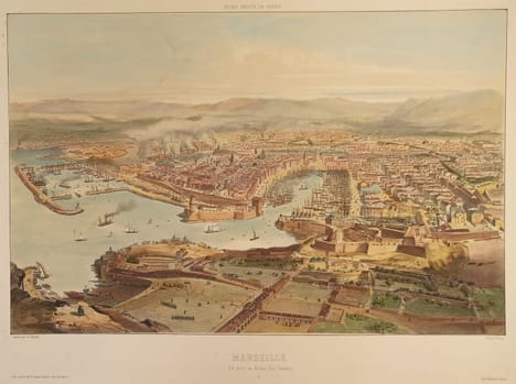 Marseille vue prise au-dessus des Catalans, illustration de Guesdon.. GRAVURE - MARSEILLE - Vue au-dessus des Catalans