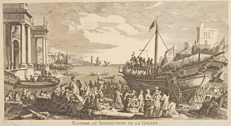 Bapteme ou Bénédiction de la Galère d'après Rigaud.. GRAVURE - MARSEILLE - Baptème de la Galère - Rigaud