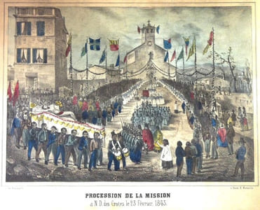 Procession de la mission à N. D. des Crotes le 23 février, 1845, lithographie de Manaudier.