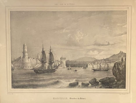 Marseille (Bouches du Rhône), illustration de Perret.. GRAVURE - MARSEILLE - Entrée du port - Perret