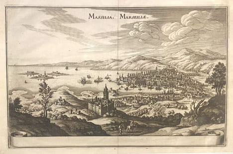 Marseille (vue cavalière) de Mérian.. GRAVURE - MARSEILLE - Vue cavalière 