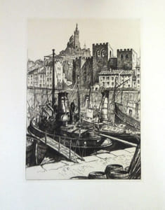 Marseille, Eglise Saint-Victor et Notre-Dame de la Garde, eau-forte de Maurice Robert.