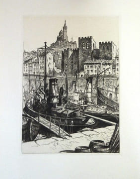 Marseille, Eglise Saint-Victor et Notre-Dame de la Garde, eau-forte de Maurice Robert.. GRAVURE - MARSEILLE - Saint Victor