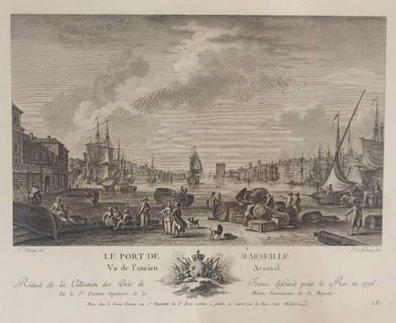 Le port de Marseille, vu de la Fausse-braye de la Citadelle, à trois toises d'élevation, gravé par Le Gouaz.. GRAVURE - MARSEILLE - Fausse Braye - ...