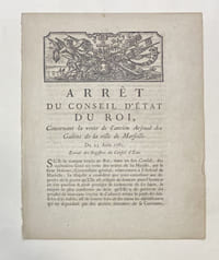 Arrêt du conseil d'état du roi, concernant la vente de l'ancien Arsenal des Galères de la ville de Marseille, du 25 août 1781.