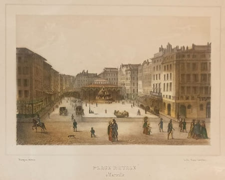 Place Royale à Marseille, lithographie de Viale-Geoffroy.. GRAVURE - MARSEILLE - Place royale Viale Geoffroy