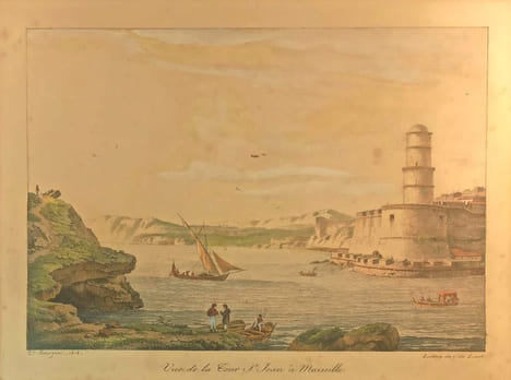 Vue de la Tour St Jean à Marseille, lithographie de Constant Bourgeois.. GRAVURE - MARSEILLE - La Tour St Jean - Bourgeois