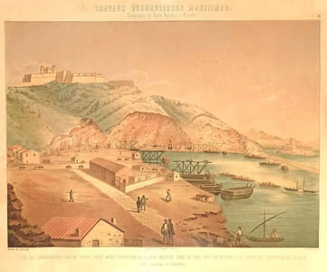 Vue des carrières des iles du Frioul prise après l'explosion de la mine monstre tirée en avril 1857, en présence du grand Duc Constantin en russie, lithographie de F. Canquoin.