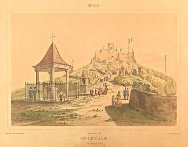 Notre-Dame de la Garde, vue extérieure du Fort, dessinée et lithographiée en couleurs par Delaplante.