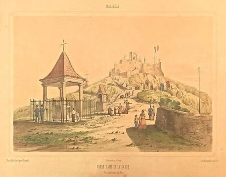 Notre-Dame de la Garde, vue extérieure du Fort, dessinée et lithographiée en couleurs par Delaplante.. GRAVURE - MARSEILLE - Notre Dame de la Garde.