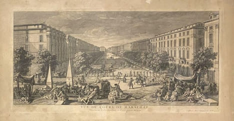 La peste vue du cours de Marseille, dessiné sur le lieu pendant la peste de 1720, gravure de Jacques Rigaud.. GRAVURE - MARSEILLE - Le peste vue du ...