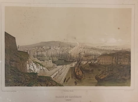 Bassin du carénage à Marseille, lithographie par Victor Cassien.. GRAVURE - MARSEILLE - Bassin du carénage - Chapuis