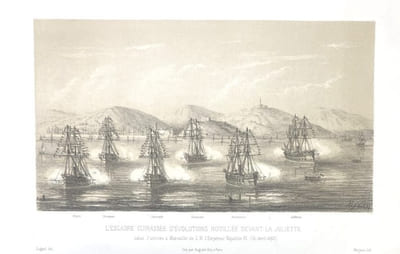 L'Escadre cuirassée d'évolutions mouillée devant la Joliette salue l'arrivée à Marseille de S.M. l'Empereur Napoléon III (30 avril 1865), lithographié par Kerjean.